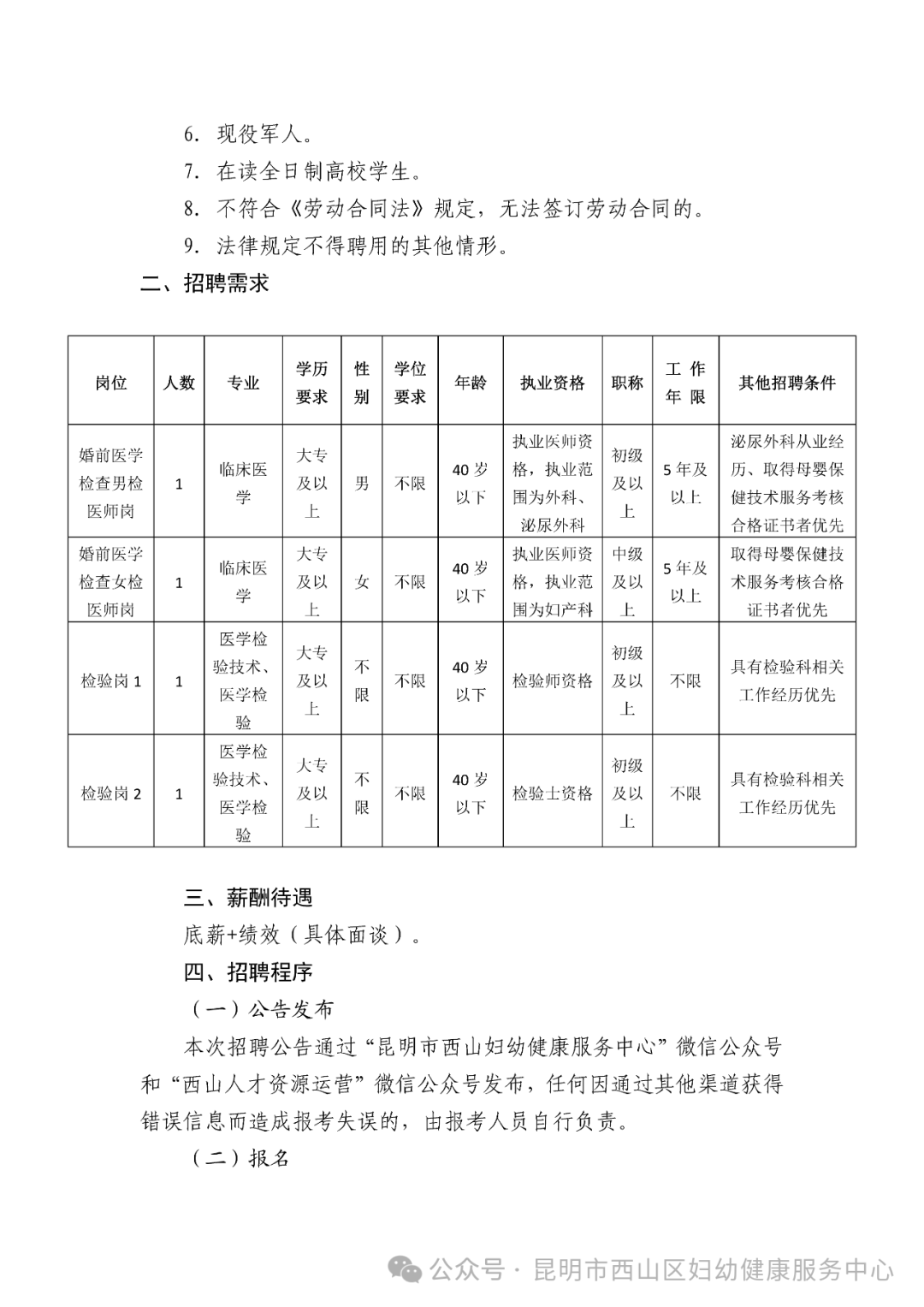 昆明市西山区妇幼健康服务中心公开招聘公告