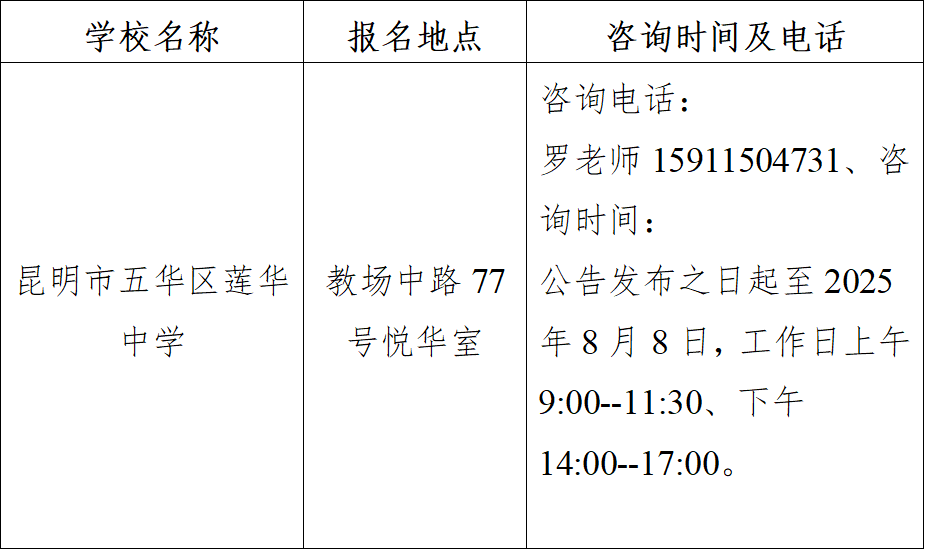 昆明市五华区莲华中学教师招聘公告